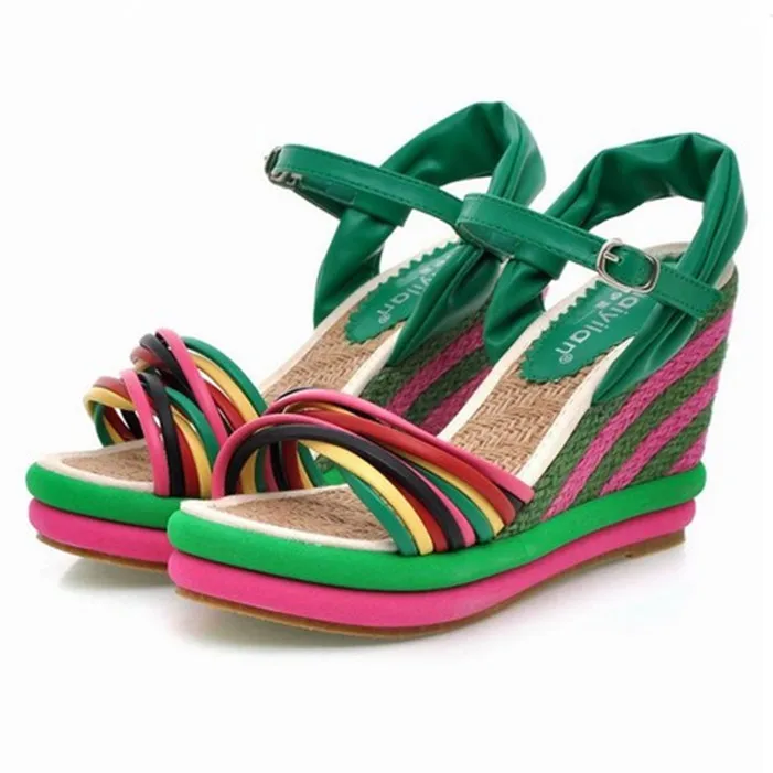 

Womens Buckle Peep Toe Rainbow Colors Wedge Ankle Strap High Heels Sandals Shoes Chic Summer Plus Size A37