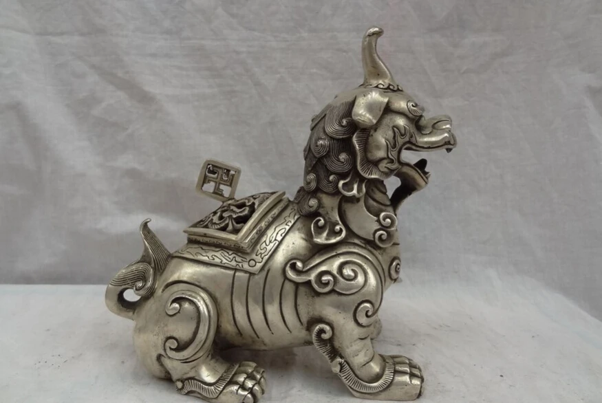 

S2674 10" China Silver Animals Wealth Dragon Unicorn Statue Lion Incense Burner Censer D0318