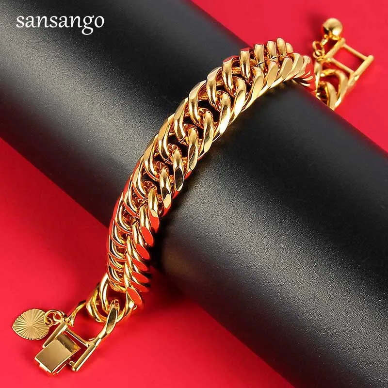 New Arrival Hip Hop 24K Golden Curb Link Chain Bracelet Male Jewelry For Men Women Luxury Bangle Party Gift Wholesale 18cm