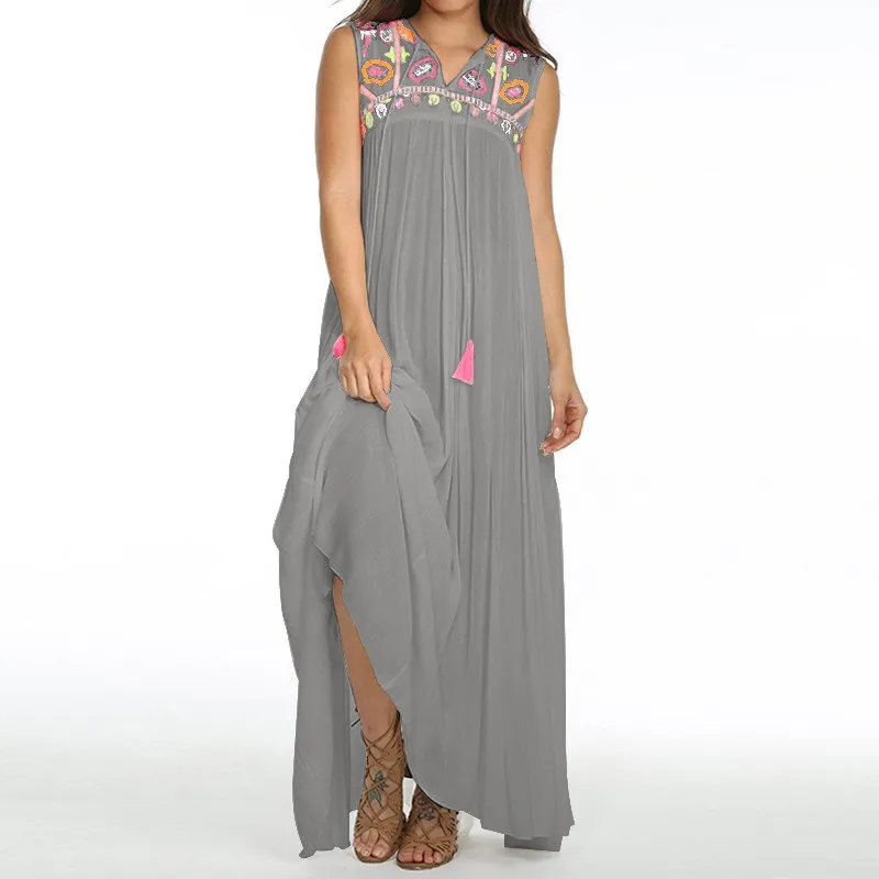 

Plus Size Women Vintage Long Shirt Dress Sexy V Neck Sleeveless Casual Loose Printed Dresses Beach Maxi Vestido Robe
