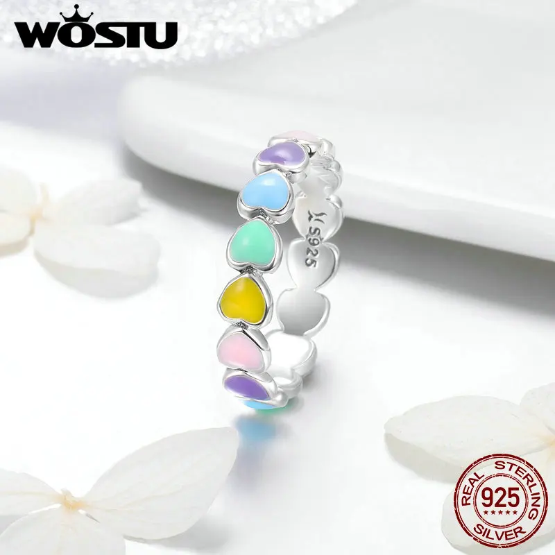 

WOSTU New Arrival 925 Sterling Silver Multi-Color Rainbow Heart Finger Rings For Women Luxury Ring Jewelry Gift FIR444