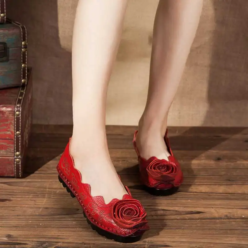 BeckyWalk/туфли на плоской подошве в стиле ретро; женские лоферы из натуральной кожи; сезон весна-лето; женские Балетки без застежки с цветочным узором; WSH2984 - Цвет: Красный