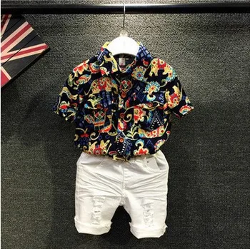 

2PCS WLG boys summer clothing set kids floral printed shirt and ripped short set baby fashion clothes children 2-6 years