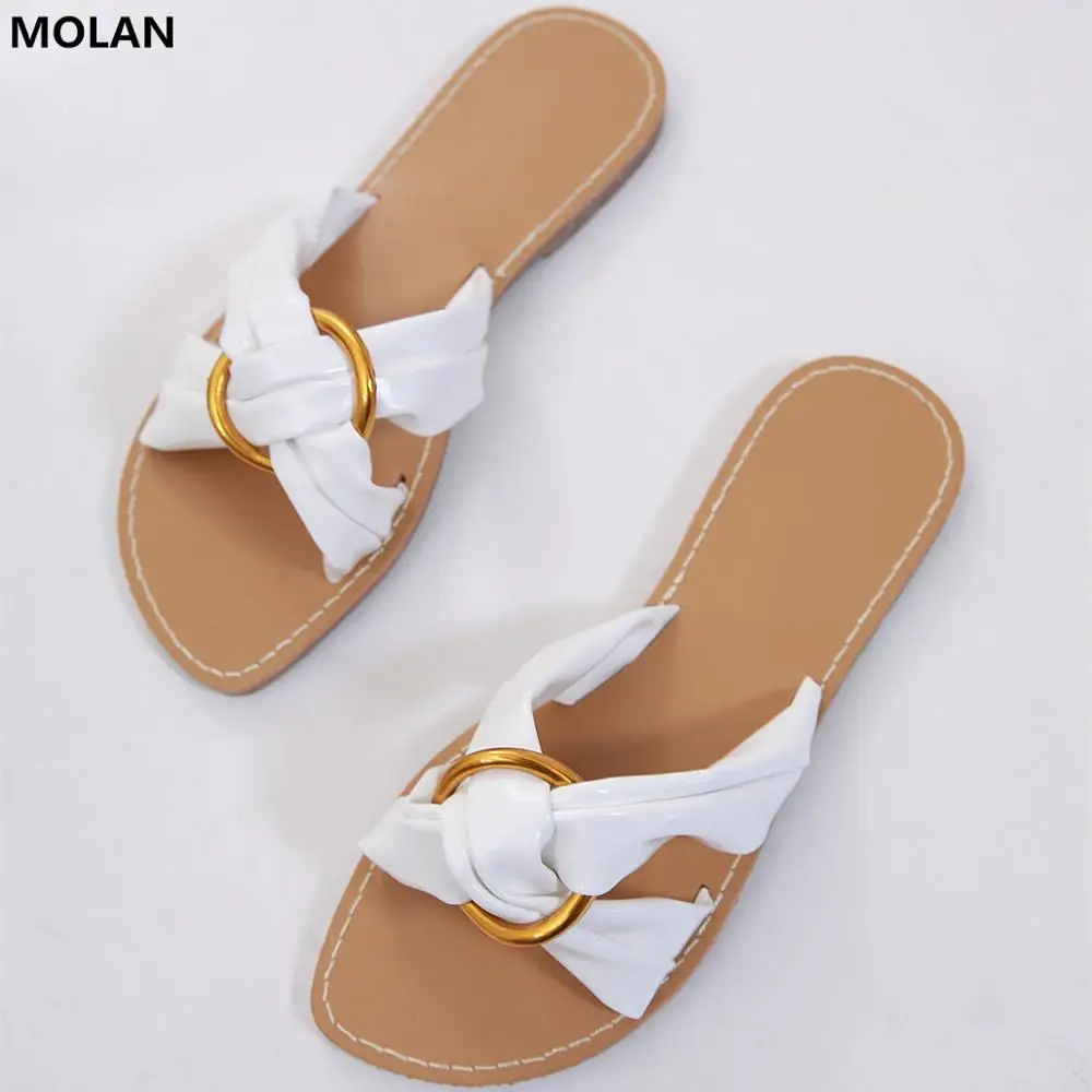 

MOLAN Brand Designer 2019 Summer White Cross Tie Butterfly Knot Woman Slipper Flat Slides Slip On Loafers Mules Flip Flops 35-40