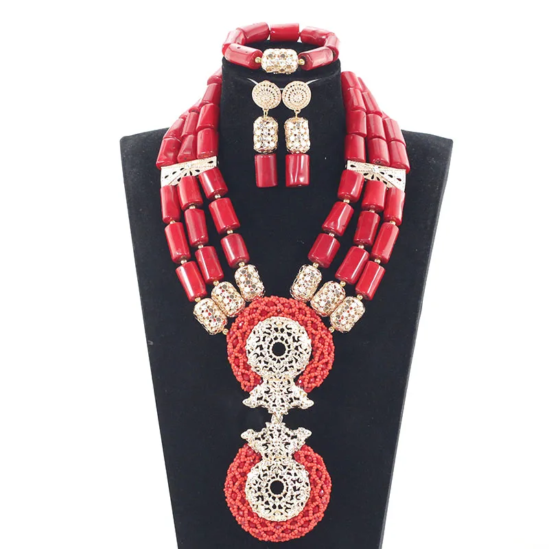 Luxury African Real Coral Beads Wedding Jewelry Sets Original Coral and Gold Women Costume Statement Pendant Necklace Set Luxury African Real Coral Beads Wedding Jewelry Sets Original Coral and Gold Women Costume Statement Pendant Necklace Set