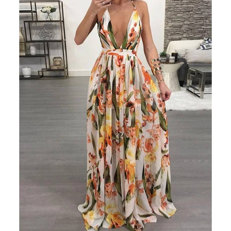 

CALOFE 2019 Fashion Boho Sundress Deep V Backless Maxi Dress Beach Long Dress Tunic Robe Ropa Mujer