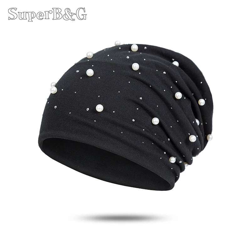 SuperB& G Новые Модные женские осенне-зимние Skullies Beanies Hat Shine Pearl Стразы Beanies шапки шапочка в стиле кэжуал Gorros