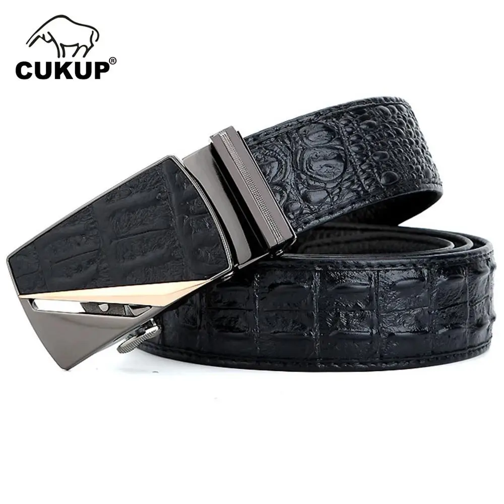 CUKUP 2022 New Arrival Quality Design Black Crocodile Pattern Cowhide Leather Belts Automatic Buckle Belt Men Accessories NCK420
