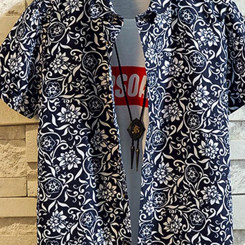Мужская рубашка мужская одежда 2019 летние рубашки Повседневная пляжная блузка с коротким рукавом Свободные шорты с цветочным принтом