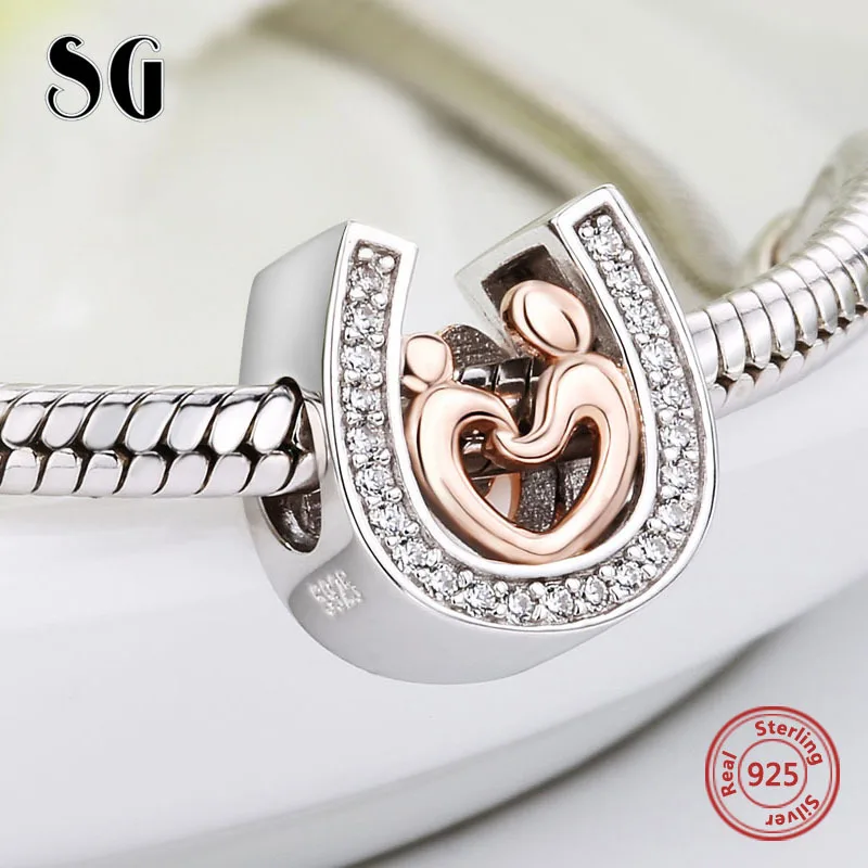 Серебро 925 Подкова CZ Талисманы DIY мамы и сына рука об руку Бусины Fit оригинальный