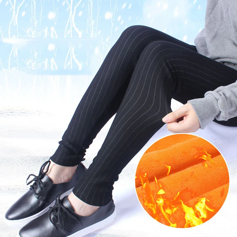 Зимние женские брюки-карандаш размера плюс, устойчивые к катышкам, тянущиеся, имитация джинсовой ткани, термостойкие, вертикальные полоски, золотые бархатные леггинсы - Цвет: black