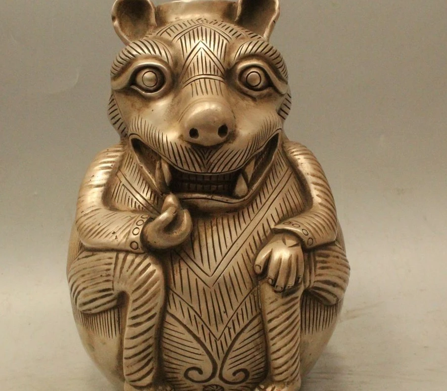 9" Marked China Dyansty Palace Silver Beast Statue Water Wine Tea Pot Flagon