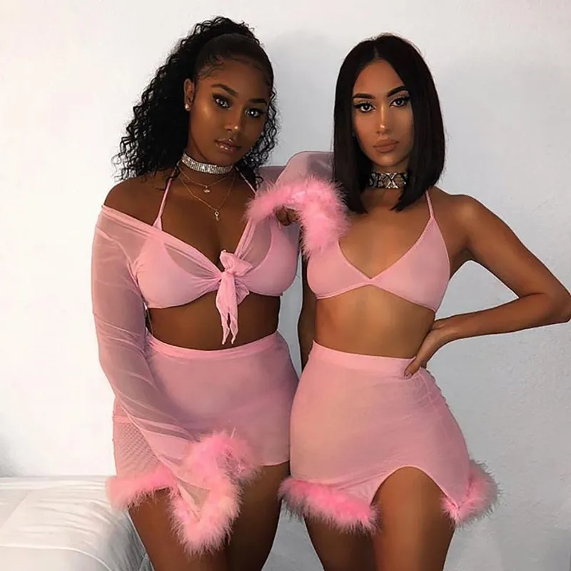 

2019 Sexy Feather Tirm Mesh Skirt Set Crop Top And High Waist Matching Set Festival Outfits Wholesale
