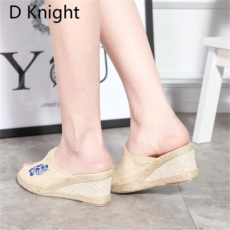 Ethnic Floral Embroidered Women's Open Peep Toe Wedge Canvas Slippers Summer Retro Lady Casual Linen Slide Shoes Plus Size 34-40 (7)
