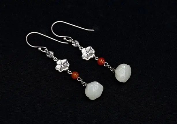 

Sterling S925 925 silver Drop Earrings Natural stone Nephrite lotus for woman earring 53MM