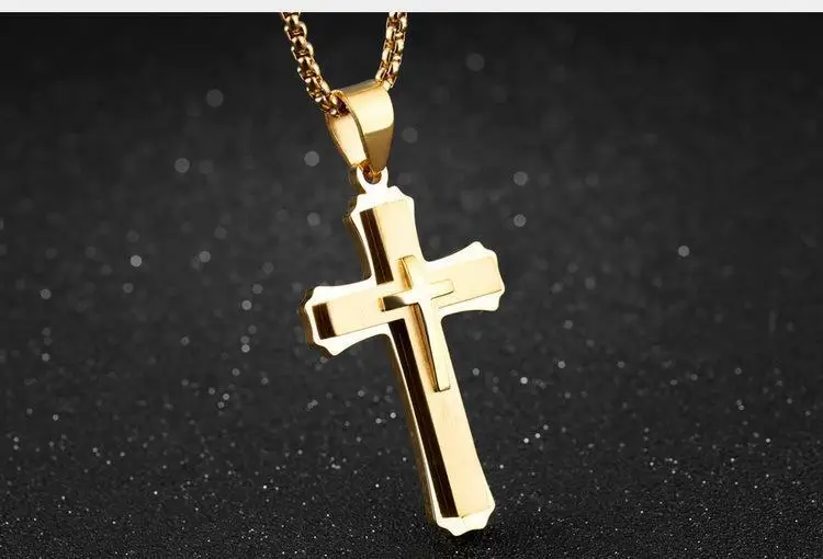 FntYcm трехслойный кулон с крестиком Иисуса из нержавеющей стали, мужские талисманы, ожерелье с цепочкой, золотое, серебряное, черное ожерелье, s подвески