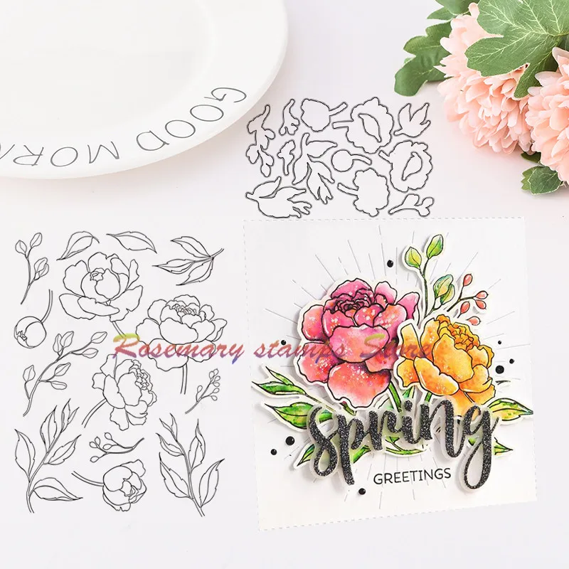 

Rosemary stamps Spring Peony Metal Cutting Dies and stamps DIY Scrapbooking Card Stencil Paper Craft Handmade Album Handbook Hom