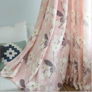 

Shade printed gardenia flower Hemp curtain, pastoral style cotton and linen pink green romantic curtains for girl room