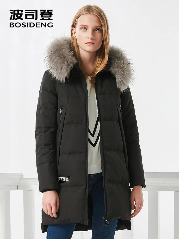 

BOSIDENG women winter duck down jacket mid-long down coat natural fur collar deep winter thicken outwear waterproof B70141024