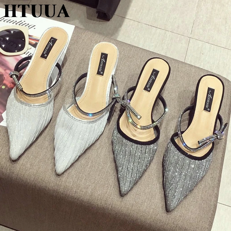 

HTUUA 2019 Spring Summer Sequin Pointed Toe Mules Shoes Women Slippers Small Heels Slides Ladies Shoes Elegant Sandals SX2929