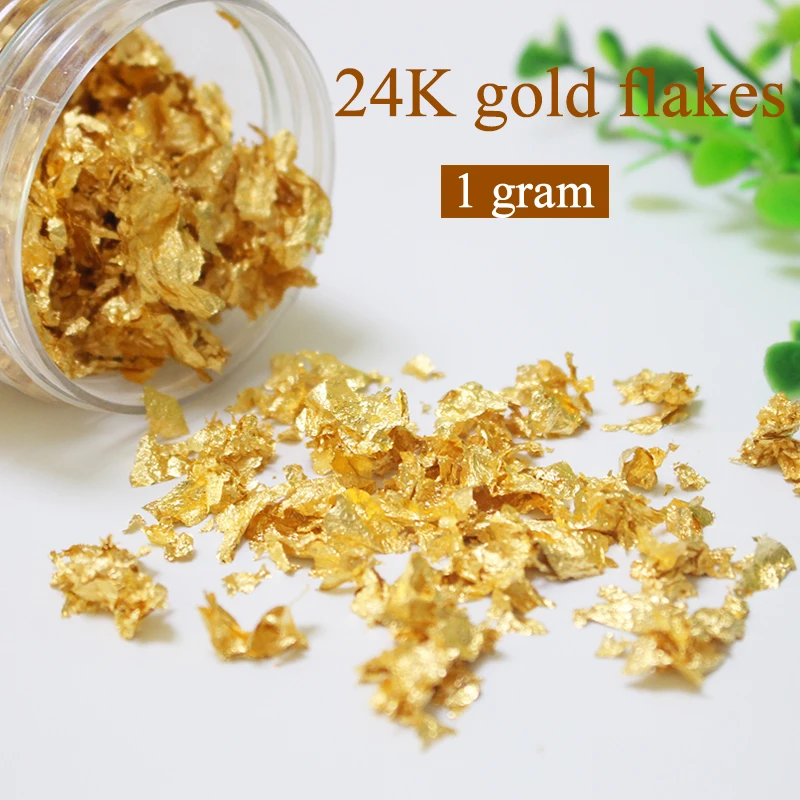 24K настоящий золотой хлопья, 1 г в бутылке, настоящая Золотая фольга разбита, лица, съедобные, еда украшения, Золотой лист губная помада, мыло, вино