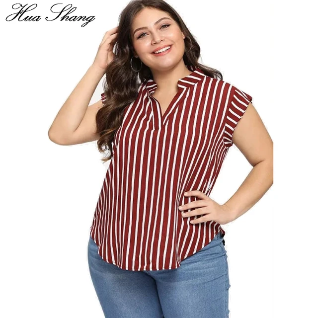 Plus Size Blouse Shirt Women Summer Stand V Neck Short Sleeve Striped Print  Casual Blouse Big