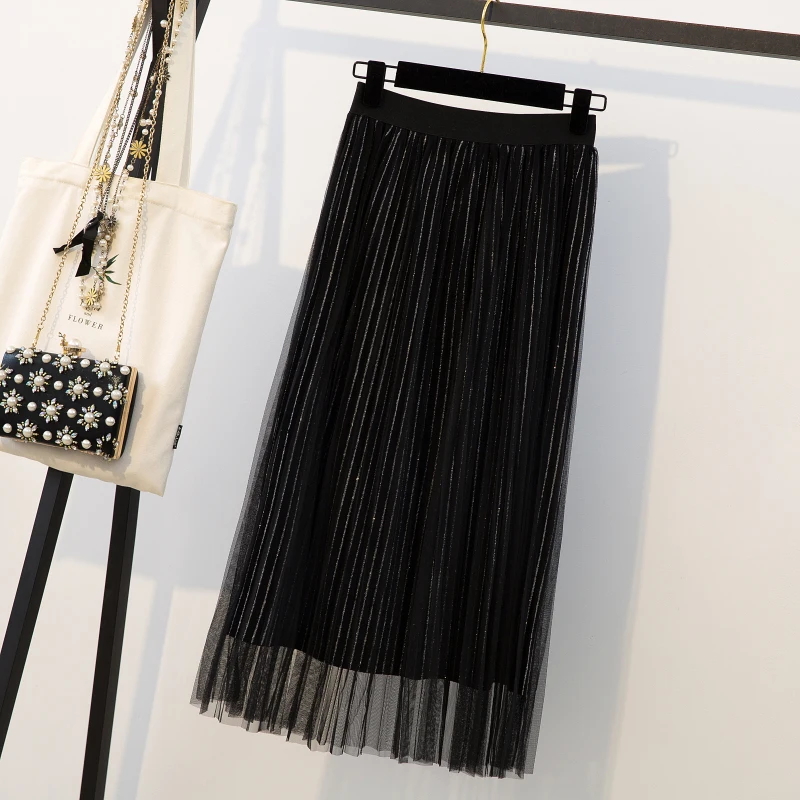 Женская плиссированная юбка больших размеров 4XL, Юбки-миди из сетчатой ткани, шикарная элегантная юбка, весенне-осенняя Нижняя юбка - Цвет: Black