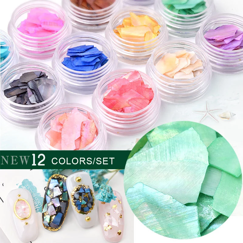

12 Pcs/Set Nail Art Glitter Decoration Natural Colorful Pearl SeaShell Slices Particle Crushed Shell Set Thin Decoration Tools