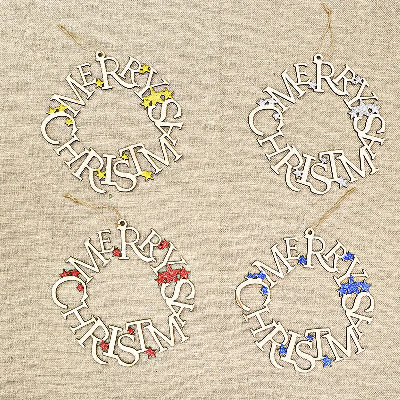 

1 PC 21*22 cm Wooden Ring Letter Pained Card Christmas Tree Hanging Drop Ornaments Pendants Merry Christmas New Year Decos