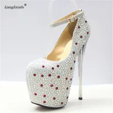 Llxf плюс: 34-42, 43 Bling Щепка стилет 20 см тонком Обувь на высоком каблуке обувь на платформе Ремешок на щиколотке женские свадебные туфли-лодочки со стразами Zapatos