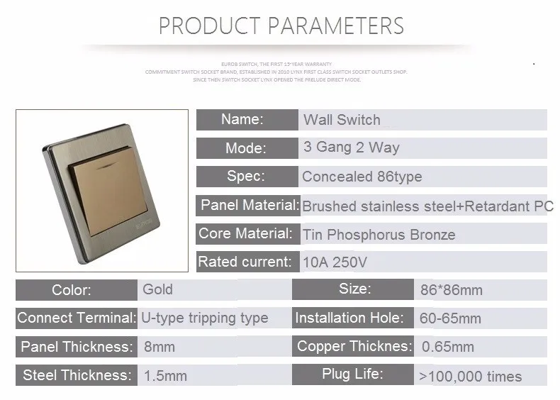 Высокое качество E9 Серия матовый нержавеющая сталь золотой настенный выключатель с флуоресценцией 3 банды двойной переключатель управления розетка панель