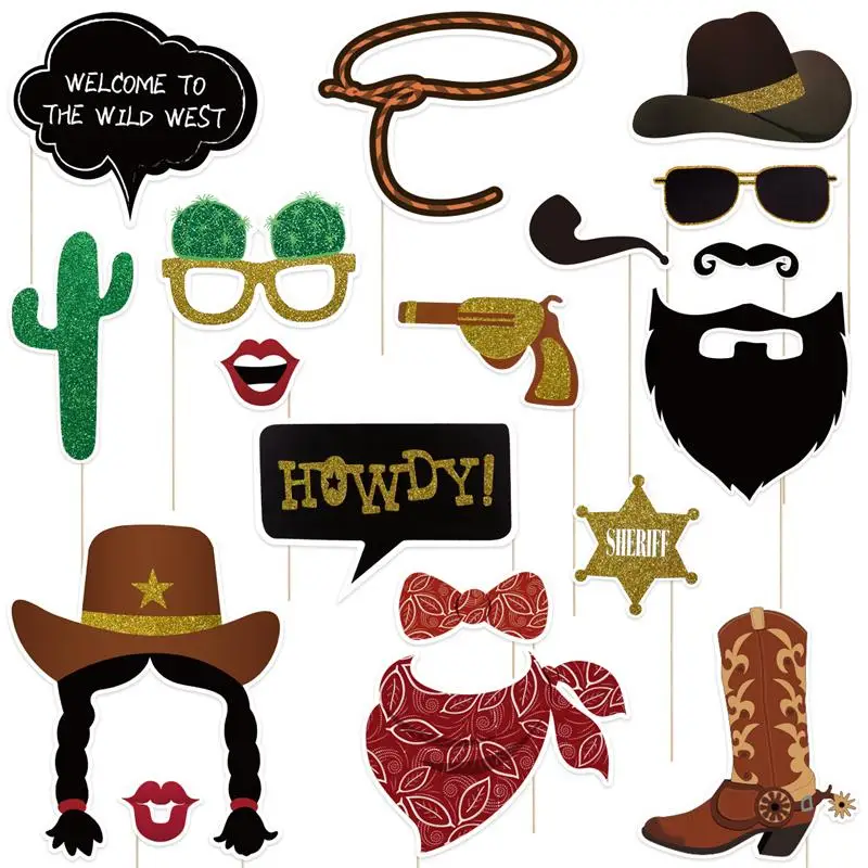 

1Set Funny Party Photo Booth DIY Las Vegas/Hollywood Photobooth Props West Cowboy Photo Booth With Bamboo Sticks Accessories