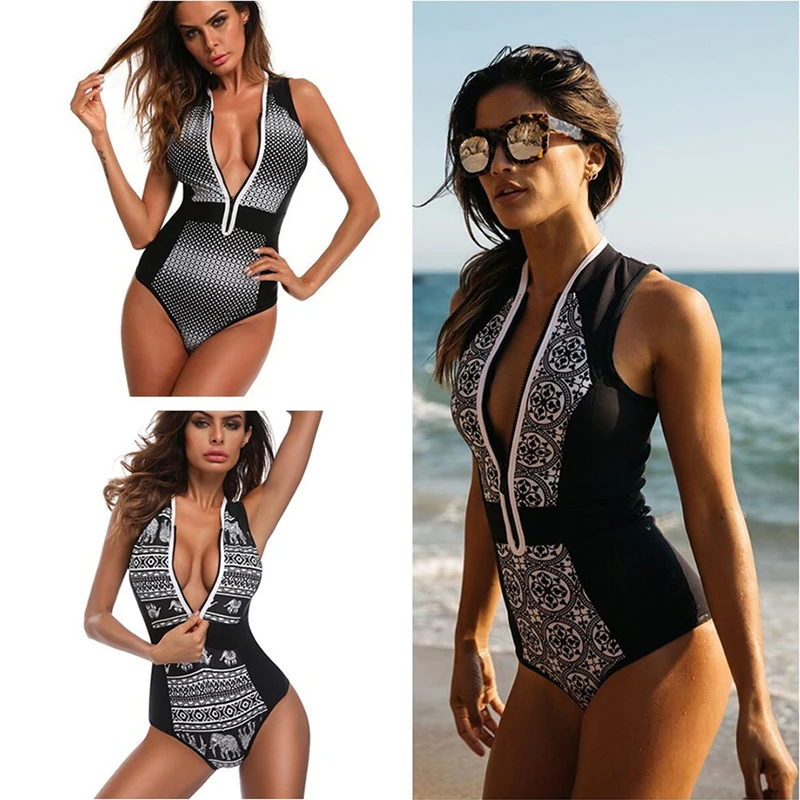

XREOUGA Hot Sale Black and White Floral Print Zipper One Piece Swimsuit Totems Pattern Sexy Deep V Sleeveless Bodysuit Swimwear