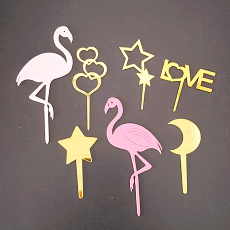 

1pc Gold Acrylic Cake Topper Star Heart Love Cupcake Topper For Kids Birthday Flamingo Party Wedding Cake Decorations Supplies