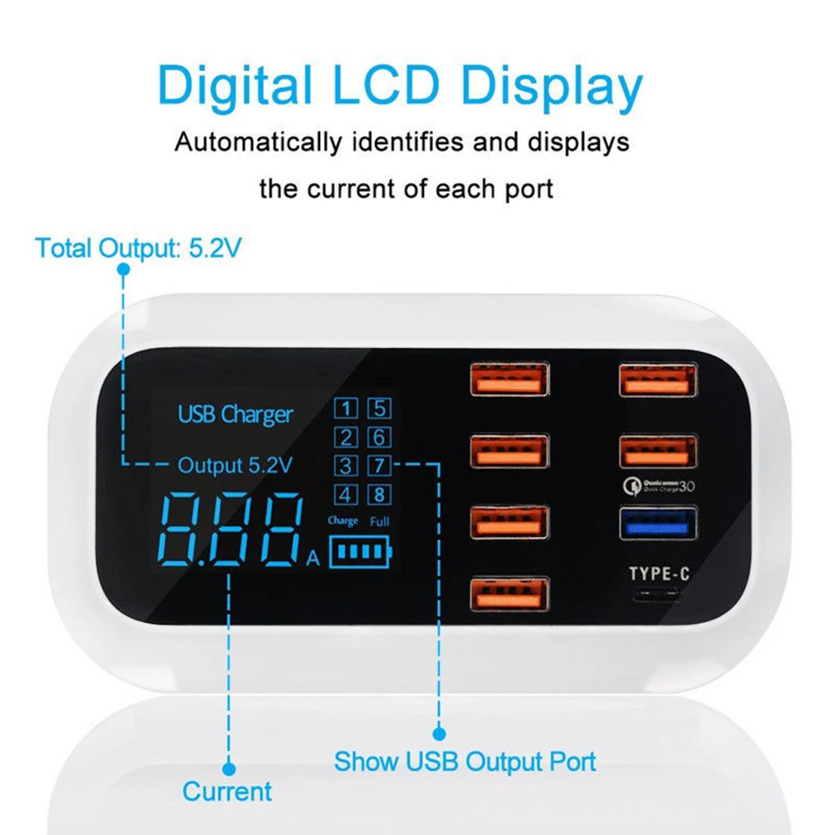 8 портов Смарт USB QC 3,0 зарядная станция светодиодный дисплей Тип C быстрый адаптер для зарядки USB зарядное устройство