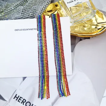 

FYUAN Colorful Rainbow Crystal Earrings for Women New Bijoux Long Tassel Rhinestone Dangle Earrings Party Jewelry Accessories