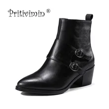 Новинка; женские высококачественные туфли на высоком каблуке с подкладкой теплая зимняя обувь Женская Натуральная кожа толстый Обувь на высоком каблуке, с острым носком, ботинки Pritivimin FN133