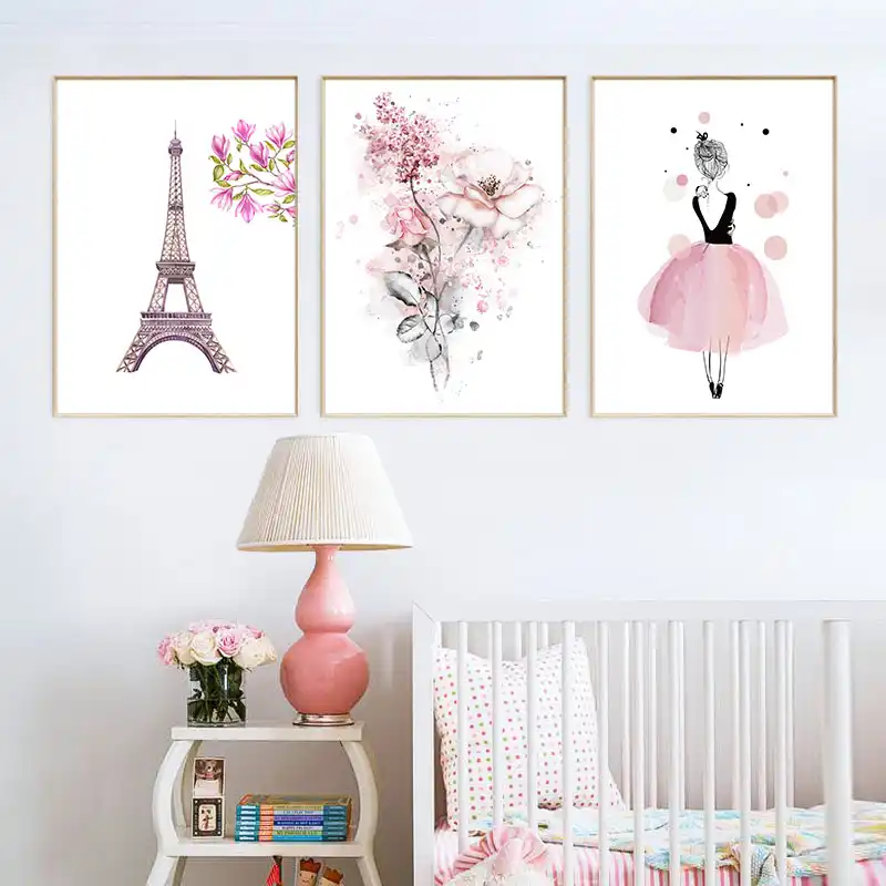 Moderne Blume Rosa Fee Paris Kunst Poster Nordic Wand Romantische Art Kinder Madchen Wohnzimmer Dekoration Leinwand Kein Rahmen Poster Nordic Wohnzimmer Dekorationkunst Poster Aliexpress