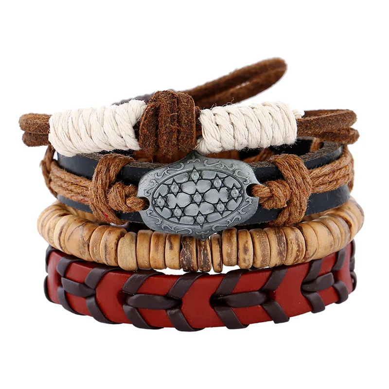

4PCS/Set Vintage Boho Punk Vintage Charm Beige Wooden Beads Brown Cord Layers Knot Red Leather Bracelets Bangles Unisex Jewelry