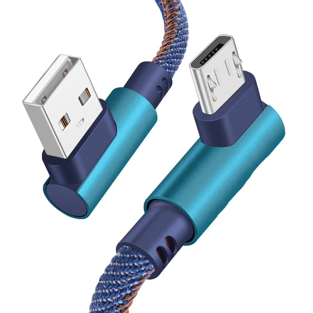 90 градусов micro usb кабель 0,25 м 1 м 2 м ковбой 2.4a Быстрая зарядка данных Шнур зарядное устройство для xiaomi samsung s7 android кабели телефона - Цвет: Синий