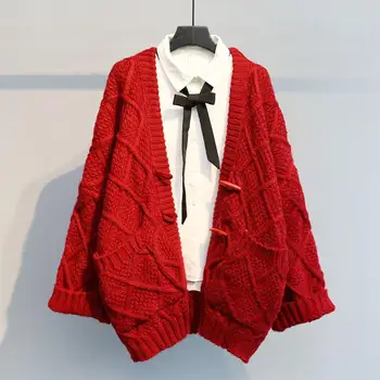 

New Fashion Medium Length Hemp Flowers Sweater Cardigan Coat Female 2019 Autumn Womens Lazy Thick Pocket Knitting Coats