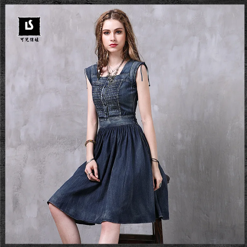 2017 Women's Brand New Summer Autumn Denim Elegant Retro Pleated Dress