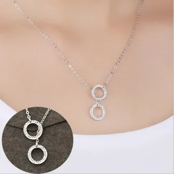

Personality Flash Exquisite 925 Sterling Silver Jewelry Micro Inlaid Double Circle Female Wild Pendant Necklace H218