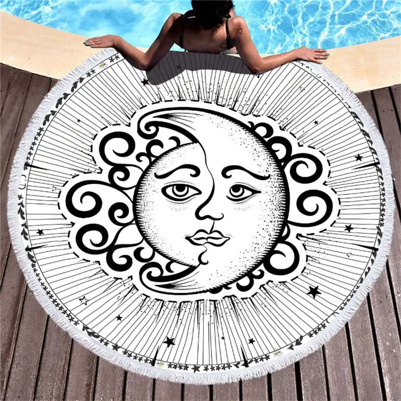

Moon Sun Printed Large Round Beach Towel for Adult Yoga Mats Indian Microfiber with Tassels Thick 150cm Cloth Big Beach Towels