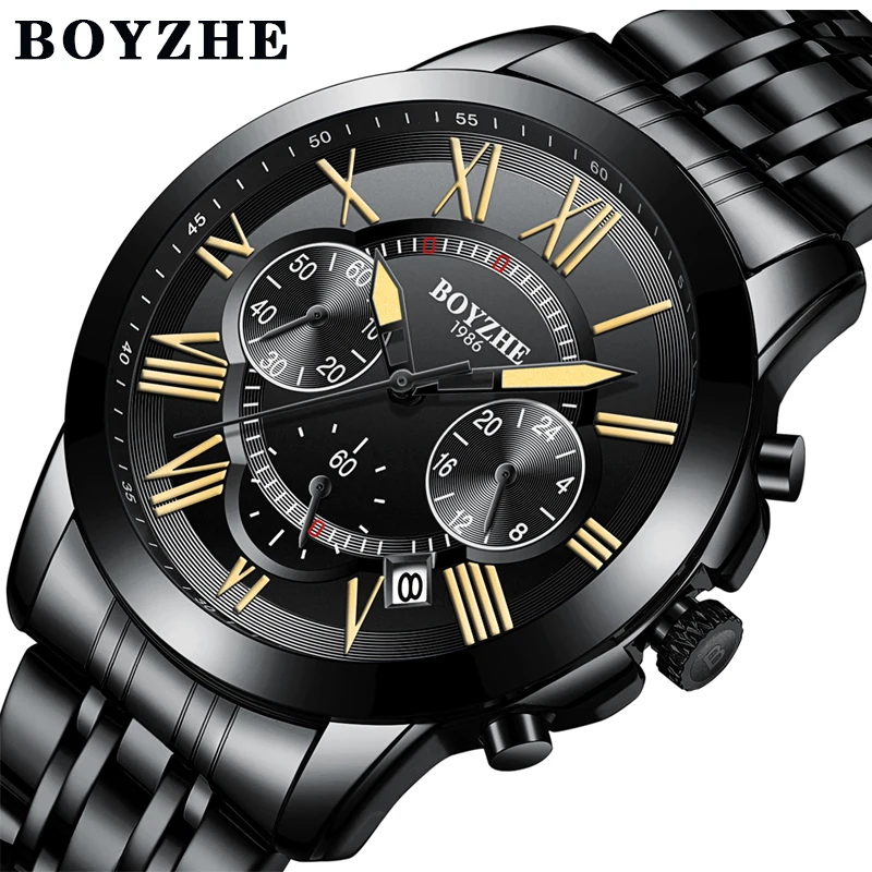 

BOYZHE Men Sport Quartz Business Watch Stainless Steel Luminous Hands Waterproof Calendar Fashion Man Watches Relogio Masculino