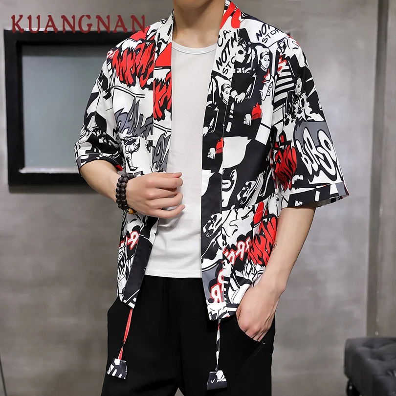 

KUANGNAN Hip Hop Style Men Kimono Cardigan Japanese Kimono Men Kimono Shirt Men Streetwear Shirts Summer Harajuku Shirt 2019 New