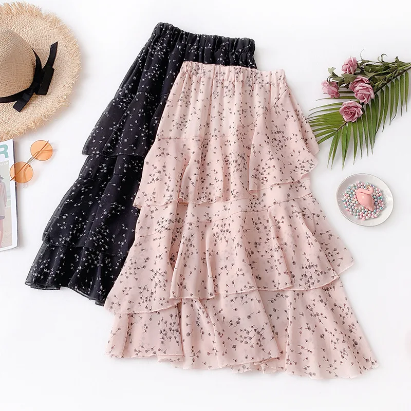 Summer New Arrival Women Skirt Ruffles Printing Long Chiffon Polyester Stitching Korean Style Free Shipping - Color: Powder