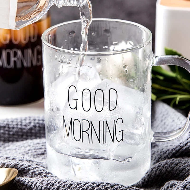Glass Cup Tea Coffee Mug Black White Good Morning Breakfast Milk Juice Cup Transparent Glass Beer Mug 400ML