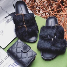 2016 Women Real Fur Slides Genuine Leather Furry Slippers Handmade Flat Heel Slipony Flip Flops Home & Outside Sandals Shoes