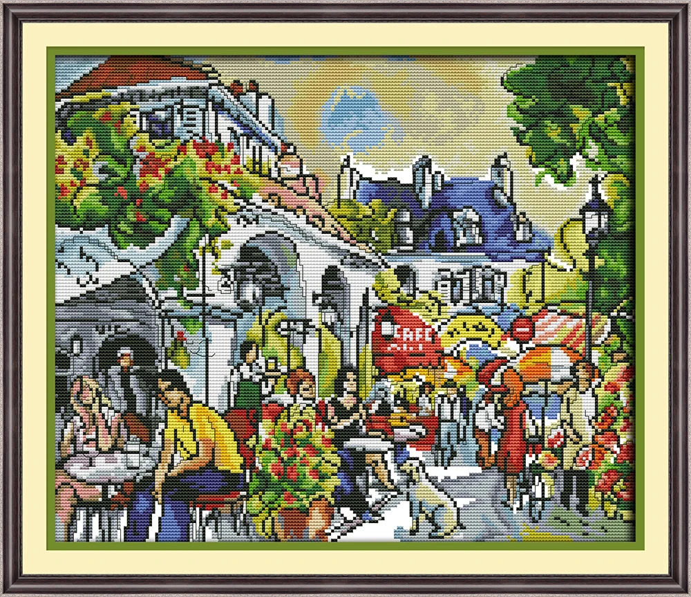 

Bustling streets cross stitch kit aida 14ct 11ct count printed canvas stitches embroidery DIY handmade needlework